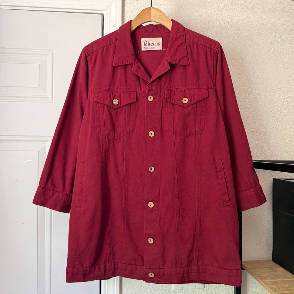 RHEA red cotton denim chore work button up‎ long sleeve shacket shirt jacket